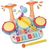 Rabing Baby Musical Instruments Toys, 5 in 1 Toddler Drum & Piano Set, Kids Electronic Piano Keyboard Xylophone Drum Toys Set with Microphone & Lights, Learning Toys Gift for Baby 1 2 3 Years Old