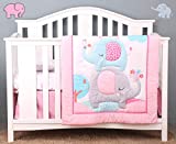 Baby Bees 4 Pieces Baby Elephant Crib Bedding Sets for Boys and Girls | Baby Bedding Set of Crib Fitted Sheet, Quilt, Dust Ruffle & Pillow Cover for Standard Size Crib, Pink (CBS-BABY-ELEPHANT)
