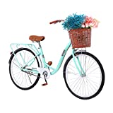 TOUNTLETS Womens Beach Cruiser Bike 26 Inch Unisex Classic Iron Bicycle with Basket Retro Bicycle Unique Art Deco Scooter,Road Bike,Seaside Travel Bicycle,Comfortable Commuter Bicycle (Blue)