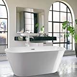 Vanity Art 59' X 29.5' Non-Slip White Acrylic Freestanding Bathtub Modern Stand Alone Soaking Tub with Chrome Overflow and Pop-up Drain, UPC Certified VA6815-NSW