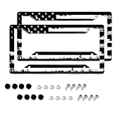 American Flag License Plate Frames- Retro Patriotic USA Black White Stars and Stripes Flag Aluminum Holder Cover with Stainless Steel Screws Caps, 2 Pack for Front and Rear Car Tags