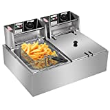OLYM STORE 12.7QT Electric Deep Fryer w/2 Baskets & Lid,12L Countertop Dual Tank Commercial Kitchen Frying Machine Double Fryer,Stainless Steel French Fries Turkey Donuts,5000W 60Hz 110V