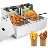 Professional-style Deep Fryer with Dual Baskets, 3400W 2x6L Stainless Steel Electric Commercial Deep Fryers, for Turkey French Fries Home Kitchen Restaurant, Total Capacity 20.7QT/19.6L