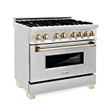 ZLINE Autograph Edition 36' 4.6 cu. ft. Dual Fuel Range with Gas Stove and Electric Oven in Stainless Steel with Gold Accents (RAZ-36-G)