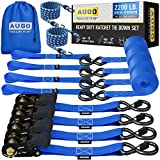 AUGO Ratchet Tie Down Straps (4pk) 2,200 LB Break Strength, 15 FT – Safety Lock S Hooks - for Moving Cargo, Appliances, Lawn Equipment, Motorcycle – Includes 2 Bungee Cords, 4 Soft Loops, Storage Bag