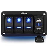 Nilight 3 Gang Rocker Switch Panel with 4.8 Amp Dual USB Charger Voltmeter Waterproof 12V 24V DC Rocker Switch with Night Glow Stickers for Cars Trucks Boats RVs, 2 Years Warranty