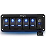 Nilight 5 Gang Rocker Switch Panel with 4.8 Amp Dual USB Charger Voltmeter Waterproof 12V 24V DC Rocker Switch with Night Glow Stickers for Car Trucks Boats RVs,2 Years Warranty