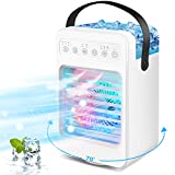10W Portable Air Cooler, 70°Oscillating Evaporative Air Cooler with 4 Speeds Rainbow LED Light, 2 Spray Humidify & 2-6H Timer, 600ml & 35dB Quiet Personal Air Conditioner for Room, Home, Office