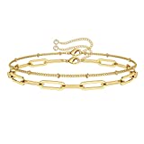 Dainty Layered Bracelets for Women, 14K Gold Filled Adjustable Layering Oval Chain Bracelet Cute Gold Layered Bead Chain Bracelets for Women Jewelry(Oval Chain & Bead Chain)