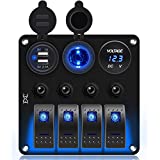 FXC Waterproof Marine Boat Rocker Switch Panel 4 Gang with 3.1A Dual USB Slot Socket + Cigarette Lighter +LED Voltmeter with Overload Protection for Car Rv Vehicles Truck (4 Gang Blue LED) (4 Blue)