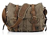 Sechunk Vintage Military Leather Canvas Laptop Bag Messenger Bags Medium （Army Green）