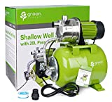 Green Expert 1.5 HP Shallow Well Pump with 20L Pressure Tank System Max Head 100FT Pre-Set 20/45psi Stainless Steel Automatic Booster Pump System 314058