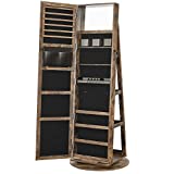 SONGMICS 360° Swivel Jewelry Cabinet, Lockable Jewelry Organizer with Full-Length Mirror, Rear Storage Shelves, Built-in Small Mirror, Jewelry Armoire, for Women, Rustic Brown UJJC006X01