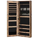 SONGMICS Mirror Jewelry Cabinet Armoire, Lockable Wall-Mounted Storage Organizer Unit with 2 Plastic Cosmetic Storage Trays, Full-Length Frameless Mirror, Textured Brown UJJC001X01