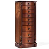 Giantex Large Jewelry Armoire Cabinet with 8 Drawers & 2 Swing Doors 16 Hooks Top Mirror Boxes, Standing Cambered Front Storage Chest Stand, Large Standing Jewelry Armoire, Dark Walnut
