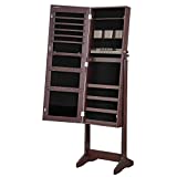 SONGMICS Mirror Jewelry Cabinet Armoire, Freestanding Lockable Storage Organizer Unit with 2 Plastic Cosmetic Storage, Brown UJJC002K01