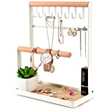 Jewelry Organizer Necklace Stand Holder, 4-Tier Hanging Wooden Ring Earring Tray, 8 Hooks Necklaces Storage 12 Earring holes, Bracelets, Rings & Watches Display On Desk Tabletop - White
