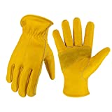 KKOYING Leather Work Gloves for Men & Women, Reinforced Durable Gardening Gloves,Cowhide Work Gloves,Puncture & Cut Resistant (Medium, Golden)