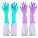 Reusable Dishwashing Cleaning Gloves with Latex Free, Long Cuff,Cotton Lining,Kitchen Gloves 2 Pairs(Purple+Blue,Medium)
