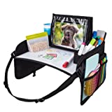 Lusso Gear Kids Travel Tray with Dry Erase Board, Road Trip Essentials Kids, No-Drop Tablet Holder, Lap Desk, Cup Holder, Toddler Toy Storage, Fits Airplane and Booster Seat (Black)