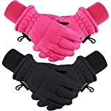 2 Pairs Kids Winter Ski Gloves Waterproof Warm Snow Mittens Full Finger Gloves for Toddlers Infants (Black, Rose Red,5 - 10 Years)