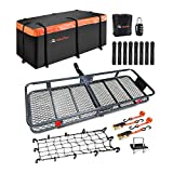 MeeFar Folding Hitch Mount Cargo Carrier Basket 60' X 20' X 6'+Waterproof Cargo Bag 20 Cubic Feet(59' 24' 24'),Hauling Weight Capacity of 500 Lbs and A Folding Arm.with Hitch Stabilizer,Net and Straps