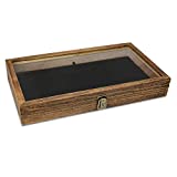 Mooca Wood Glass Top Jewelry Display Case, Wooden Jewelry Tray for Collectibles, Home organization, Accessories Storage Box with Metal Clasp and Black Velvet Pad, Brown