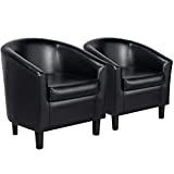 Yaheetech Faux Leather Barrel Chairs Comfy Club Chairs Modern Accent Chair with Sturdy Wood Legs for Living Room Bedroom Reading Room Waiting Room, Black，Set of 2