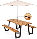 HAPPYGRILL Outdoor Picnic Table Bench Set with Wooden Top & Steel Frame, Patio Dining Picnic Table Set with Umbrella Hole for Garden Backyard