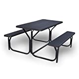 CHEFQ All Weather Outdoor Picnic Table with Two Benches and Sturdy Steel Frame. Perfect for Lawns, Patio, and Poolside Dining Black