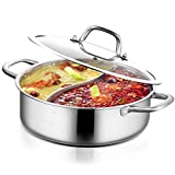 TFCFL 28cm 304 Food Grade Stainless Steel Shabu Shabu Hot pot with Divider Lid for Induction Cooktop Gas Stove Dual Sided Soup Cookware