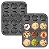 2 Pack 12-Cup Muffin Pan,Non-Stick Cupcake Bakeware Pan,Carbon Steel Muffin Tray Standard Baking Mold for Oven Baking,Pie