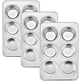 TeamFar Muffin Pan, 6 Cup Muffin Baking Tins Pans, Cupcake Pan Tray Set Stainless Steel for Baking Cakes Cornbread Tarts and More, Healthy & Non Toxic, Oven & Dishwasher Safe - Set of 3
