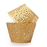 SUYEPER 100pcs Cupcake Wrappers Artistic Bake Cake Paper Cups Little Vine Lace Laser Cut Liner Baking Cup Muffin Case Trays for Wedding Party Birthday Decoration (Gold)