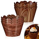 60 Pieces Wood Grain Cupcake Wrappers for Woodland Animal Baby Shower Decorations, Cup Cake Wraps for Outdoor Camp Party Rustic Woodsy Wedding Birthday Supplies