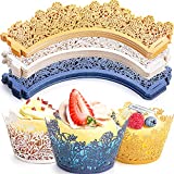 WUWEOT 150 Pack Cupcake Wrappers Holders, Rose Laser Cut Cupcake Liners for Wedding Party Birthday Baby Showers Decoration (Gold, White, Blue)