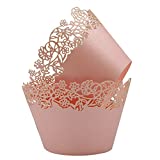 Cupcake Wrappers Pack of 50 Pink Filigree Artistic Bake Cake Paper Cups Little Vine Lace Laser Cut Liner Baking Cup Muffin Case Trays for Wedding Party Birthday Decoration - By KPOSIYA (Pink)