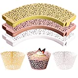 WUWEOT 150 Pack Cupcake Wrappers, Little Vine Lace Laser Cut Liner, Paper Baking Cups for Wedding Party Birthday Baby Showers Decoration (Gold, White, Pink)