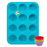 Silicone Muffin Pan, Katbite Non-stick BPA Free Cupcake Pans 12 Cups, Food Grade Silicone Molds with 6 Silicone Baking Cups, Reusable Muffin Tin for Egg Muffin, Cupcake, Fat Bomb, Cheesecakes (Blue)