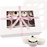 Moretoes Cupcake Boxes 8 Packs, White Cupcake Carrier Bakery Boxes with Windows and Inserts to Fit 12 Cupcakes Muffins or Pastries, 100 Cupcake Baking Cups and Ribbon