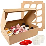 Moretoes Cupcake Boxes 15 Packs, Brown Kraft Cupcake Carrier Bakery Boxes with Windows and Inserts to Fit 12 Cupcakes Muffins or Pastries, 200 Cupcake Baking Cups and Ribbon