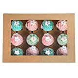 [20-Packs] Brown Cupcake Boxes 12 Holders,ONE MORE Cake Carrier Food Grade Kraft Pop-up Bakery Boxes 13.8 x 9.5 x 4inch with Inserts and PVC Windows Fits 12 Cavity Cupcake or Muffins Pack of 20