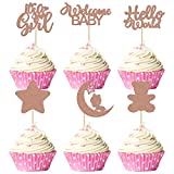 Gyufise 24Pcs Baby Shower Girl Cupcake Toppers Moon Rose Gold Glitter Bear Star It's a Girl Hello World Gender Reveal Cupcake Picks Baby Shower Kids Girls Birthday Party Cake Decorations Supplies