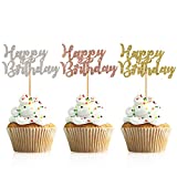 Donoter 48 Pcs Glitter Happy Birthday Cupcake Toppers Cake Picks for Birthday Party Decoration Supplies