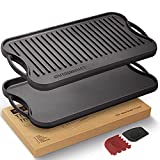 Overmont Pre-seasoned 17x9.8' Cast Iron Reversible Griddle Grill Pan with handles for Gas Stovetop Open Fire Oven, One tray, Scrapers Included