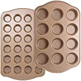 Joho Baking Nonstick Muffin Pan, Mini Cupcake Pan Set, Muffin Tins for Baking, 2 Pack, 12-Cup and 24-Cup, Gold