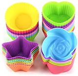 LetGoShop Silicone Cupcake Liners Reusable Baking Cups Nonstick Easy Clean Pastry Muffin Molds 4 Shapes Round, Stars, Heart, Flowers, 24 Pieces Colorful