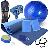 Yoga Beginners Kit Yoga Blocks 2 Pack Yoga Strap Yoga Ball Yoga Mat with Carrying Strap Net Bag Sports Cooling Towel,Yoga Mat Kits and Sets for Beginners 11-Piece Yoga Starter Kit for Women (Blue)