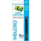 VELCRO Brand VEL-30792-AMS 15 Inch Elastic Straps 4 Pack | Stretchable and Adjustable for Snug Fit | Fasten Lumber, Yoga Mats, Tools, Camping Equipment, More | Cinch with Buckle, Black 15x1