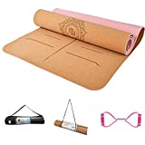 Nunet Cork Yoga Mat 6mm (1/4 inch) Thick Extra Wide 72'' x 26'' Premium Quality Non Toxic Great Grip Eco-Friendly Lightweight Double-Sided Cork/TPE Foam with Alignment Lines, Great for Hot Yoga, Pilates, Gym and Exercise, Black Carrying Strap Included (PINK)